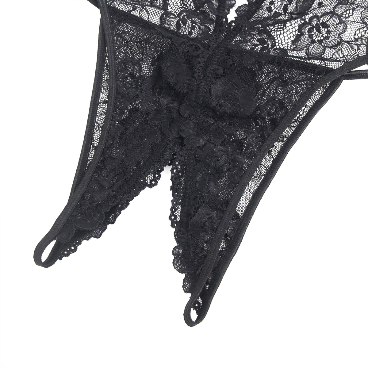 Schwarzer Damen-Lacebody aus floraler Spitze mit Neckholder-Design und tiefem V-Ausschnitt für sinnliche Eleganz.