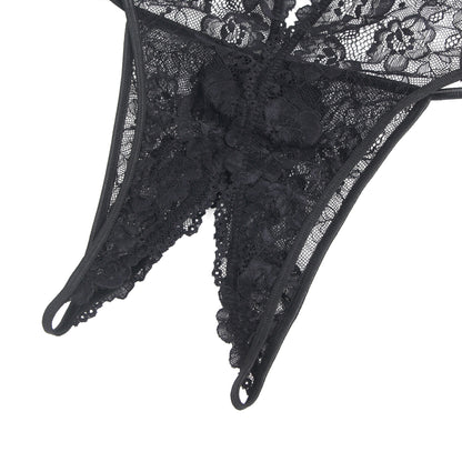 Schwarzer Damen-Lacebody aus floraler Spitze mit Neckholder-Design und tiefem V-Ausschnitt für sinnliche Eleganz.