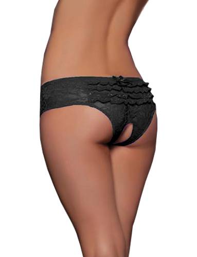 Damen Spitze Schwarz Blumen Hintern Offen Ouvert Slip Tanga Panty Dessous String S/M - P5278
