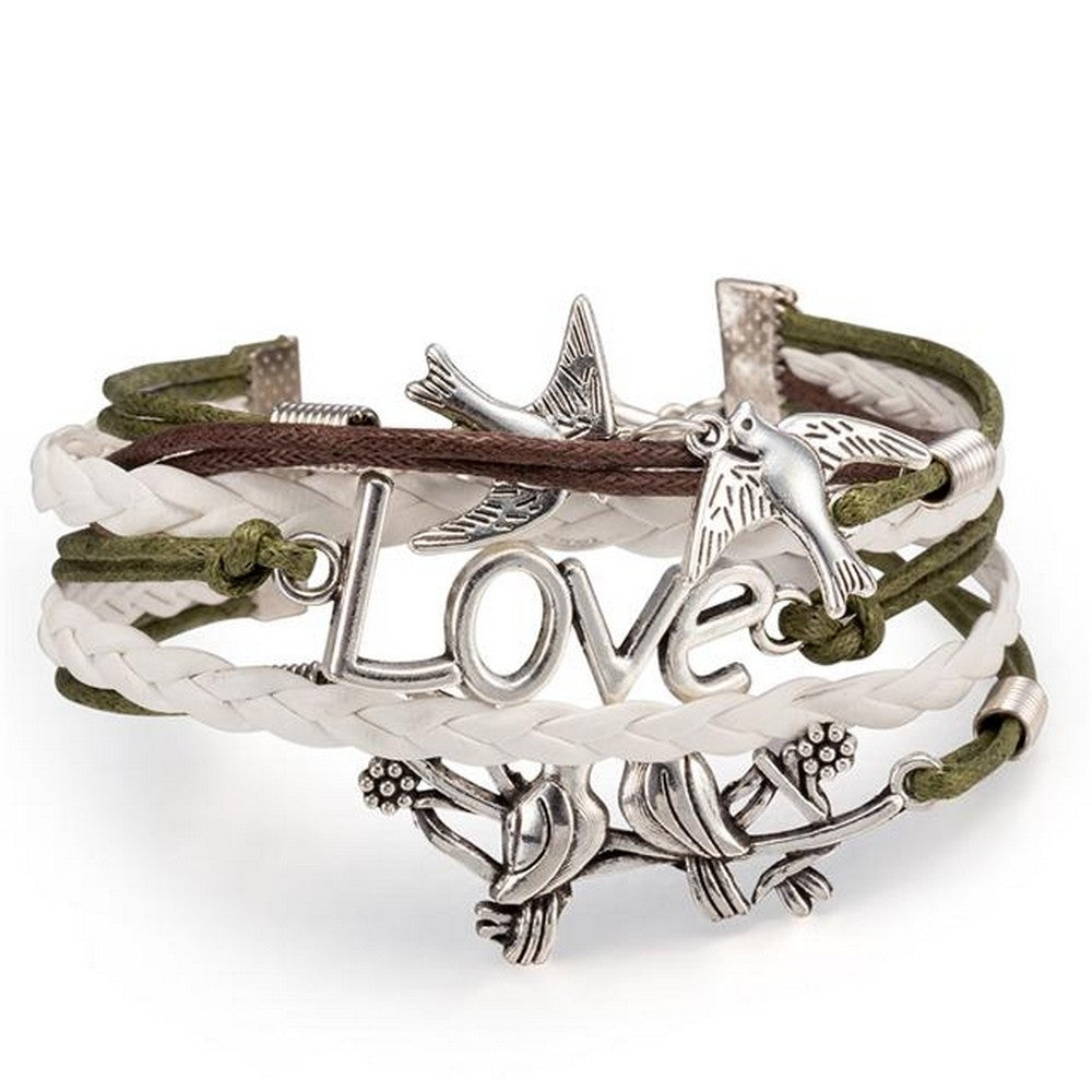 Unisex Leder Armband Love Tauben Grün Weiß Surfer Syle Schmuck 17cm