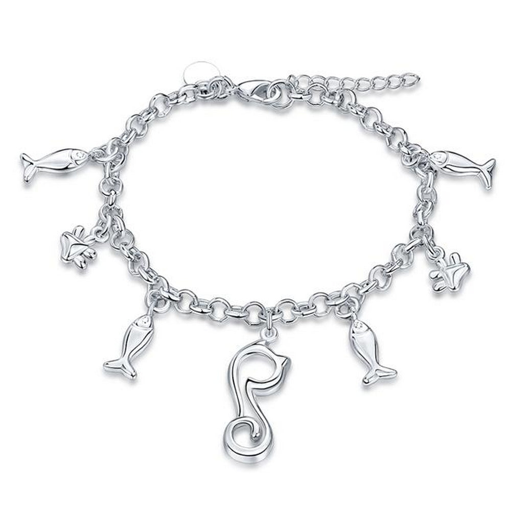 Women's Luxury Cat Charm Bracelet Silver Fish Pendant Jewelry 20cm