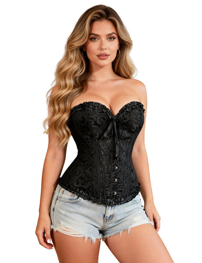 Schwarze Damen-Corsage mit floralem Jacquardmuster, Schnürung vorne und Rüschenabschluss für eine elegante Silhouette.