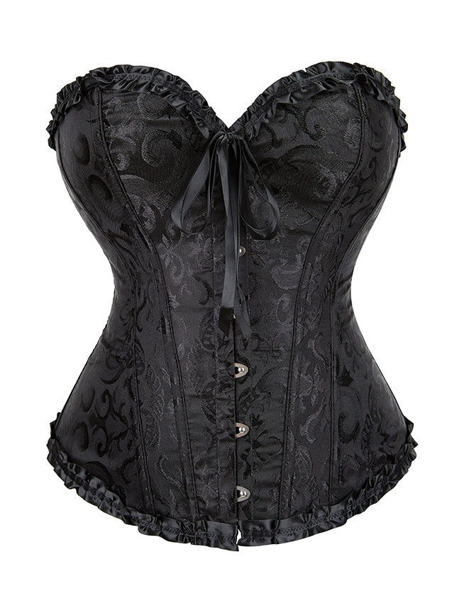  Schwarze Corsage mit floraler Jacquard-Optik, Rüschenrand, frontaler Schnürung und Metallhaken für elegante Silhouette.