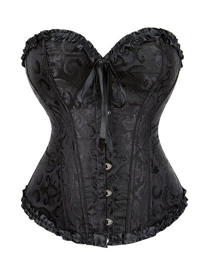  Schwarze Corsage mit floraler Jacquard-Optik, Rüschenrand, frontaler Schnürung und Metallhaken für elegante Silhouette.