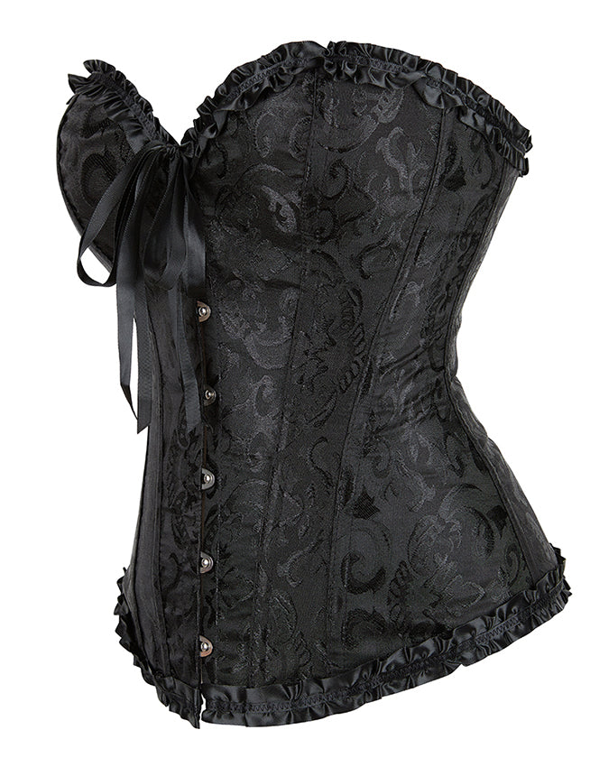 Schwarze Damen-Corsage mit floraler Jacquard-Optik, Rüschen, Side-Tie und vorderer Schnürung für sinnliche Eleganz.