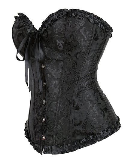 Schwarze Damen-Corsage mit floraler Jacquard-Optik, Rüschen, Side-Tie und vorderer Schnürung für sinnliche Eleganz.