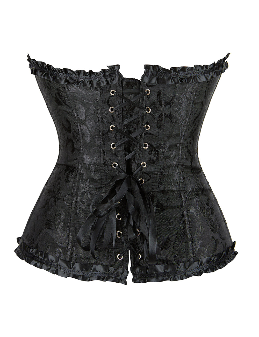 Schwarze Damen-Corsage mit floraler Jacquard-Struktur, Rückenschnürung mit O-Ringen und gerüschtem Satinrand.