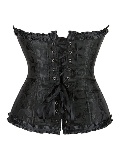 Schwarze Damen-Corsage mit floraler Jacquard-Struktur, Rückenschnürung mit O-Ringen und gerüschtem Satinrand.