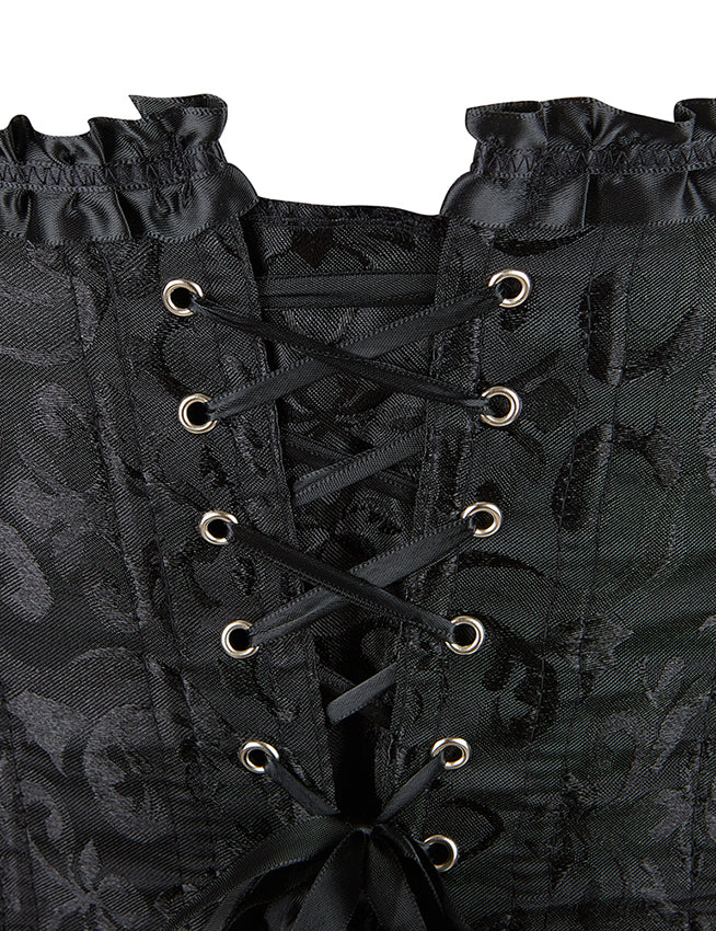 Schwarze Damen-Corsage mit floralem Jacquardmuster und Rückenschnürung durch Ösen.