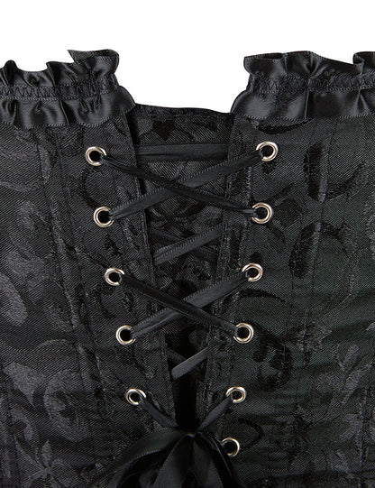 Schwarze Damen-Corsage mit floralem Jacquardmuster und Rückenschnürung durch Ösen.