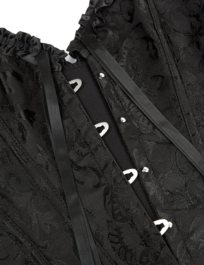 Schwarze Damen-Corsage mit floraler Jacquard-Struktur, Riemen-Schnürung und Gaves-Nieten im Detail.