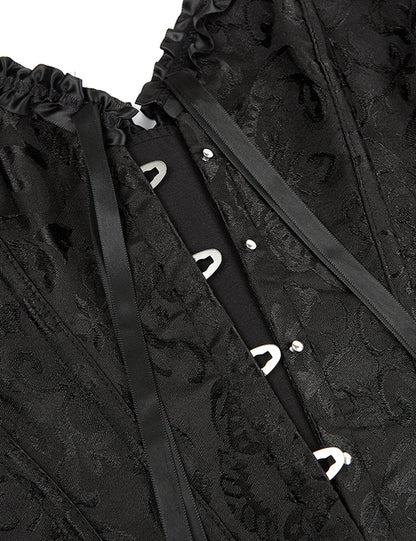Schwarze Damen-Corsage mit floraler Jacquard-Struktur, Riemen-Schnürung und Gaves-Nieten im Detail.