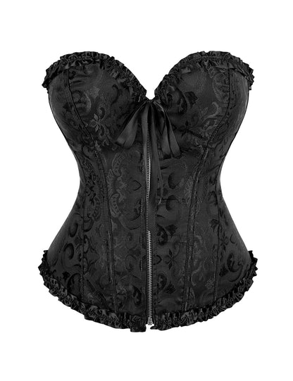 Schwarze Damen-Corsage mit floralem Muster, frontalen Reißverschluss und Rüschen für sinnliche Eleganz.