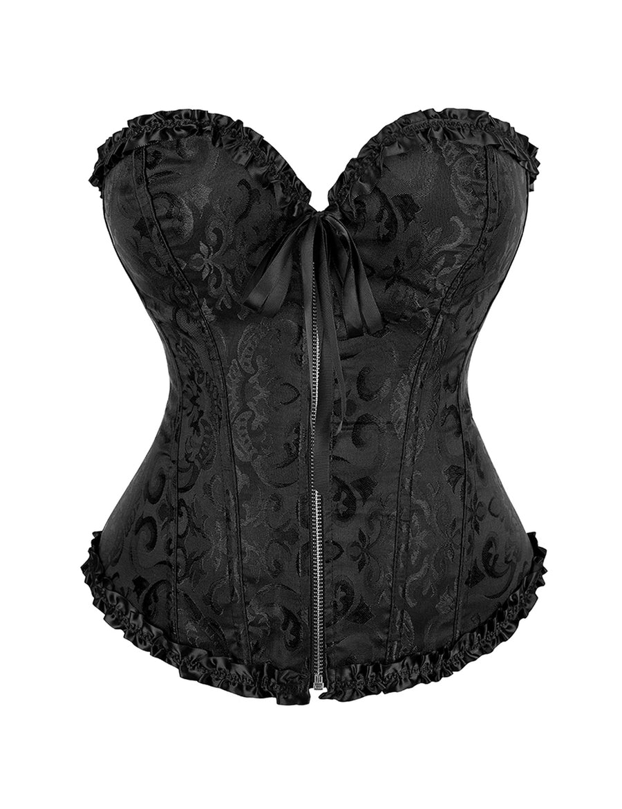 Schwarze Damen-Corsage mit floralem Muster, frontalen Reißverschluss und Rüschen für sinnliche Eleganz.