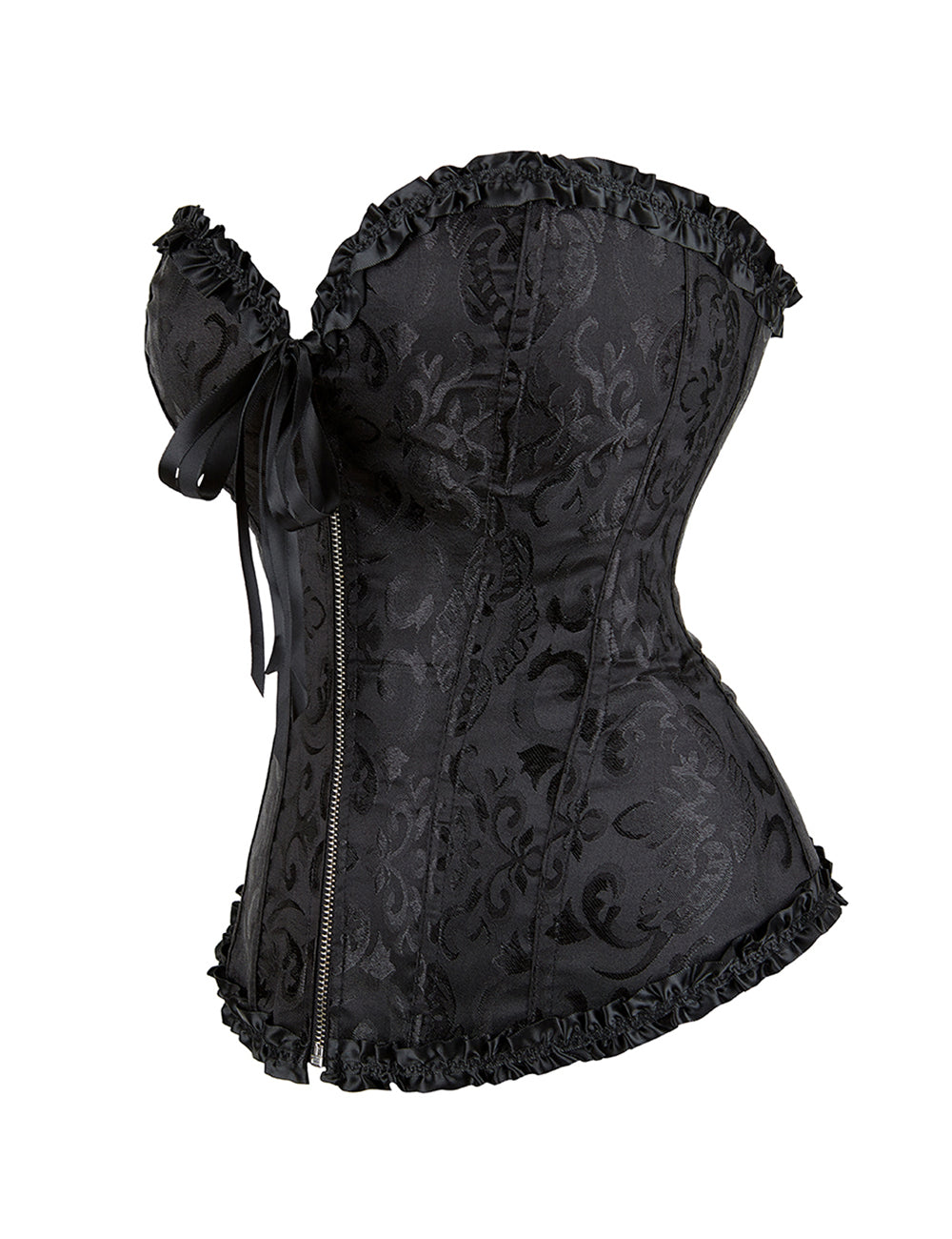 Schwarze Damen-Corsage mit floraler Stickerei, frontalen Reißverschluss, Rüschenrand und seitlicher Schleife für eine taillenbetonte Silhouette.