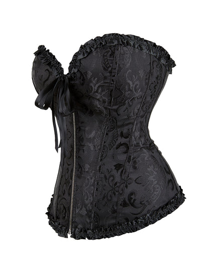 Schwarze Damen-Corsage mit floraler Stickerei, frontalen Reißverschluss, Rüschenrand und seitlicher Schleife für eine taillenbetonte Silhouette.
