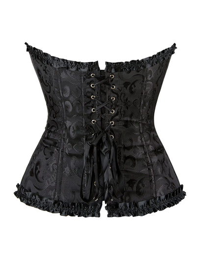 Schwarze Damen-Corsage mit floraler Stickerei, taillenbetontem Schnitt, Rüschenrand und rückseitiger Schnürung aus Metallösen.