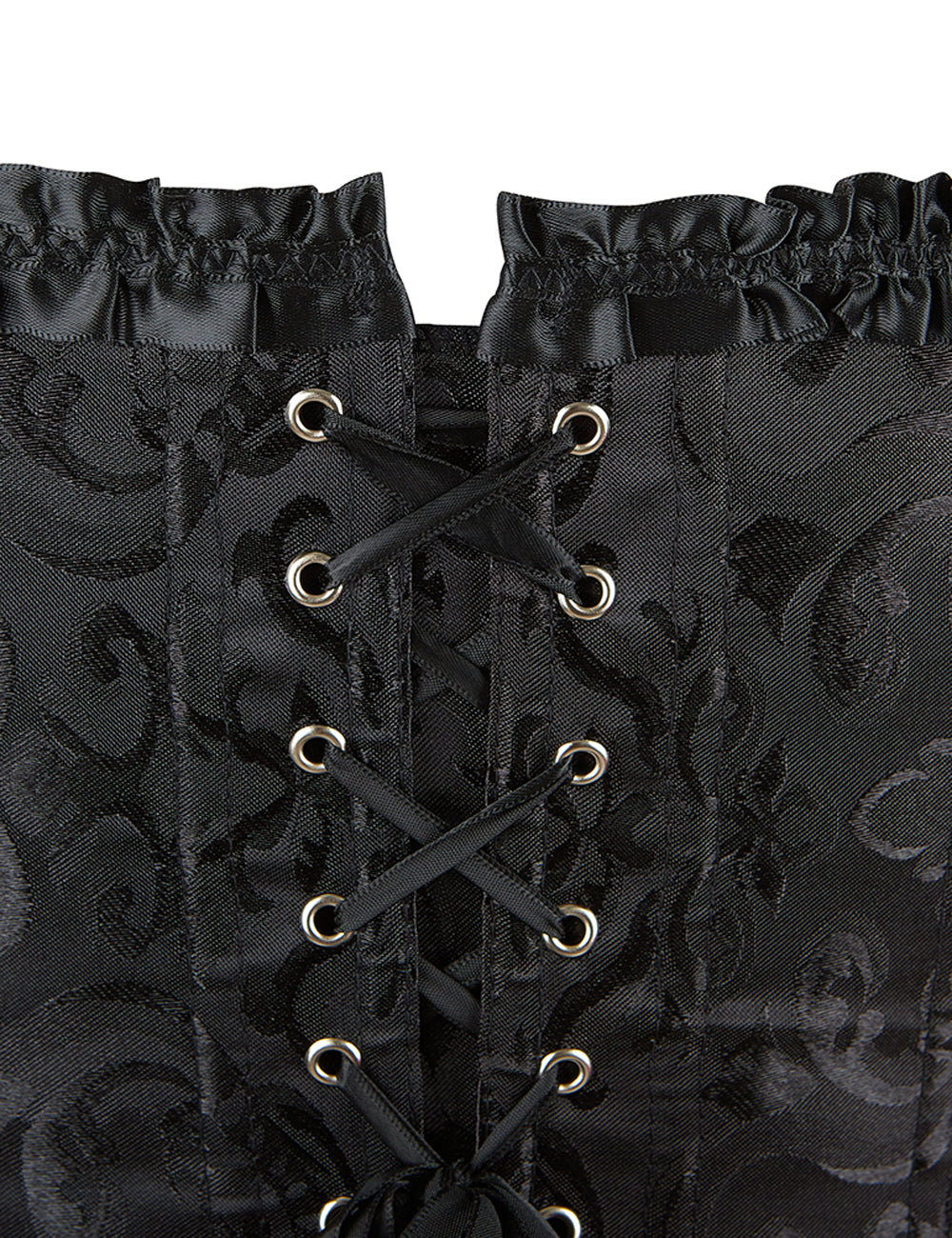 Schwarze Damen-Corsage mit floralem Ornamentmuster, Rückenschnürung durch Ösen und Band sowie geräuscheltem Oberteil.