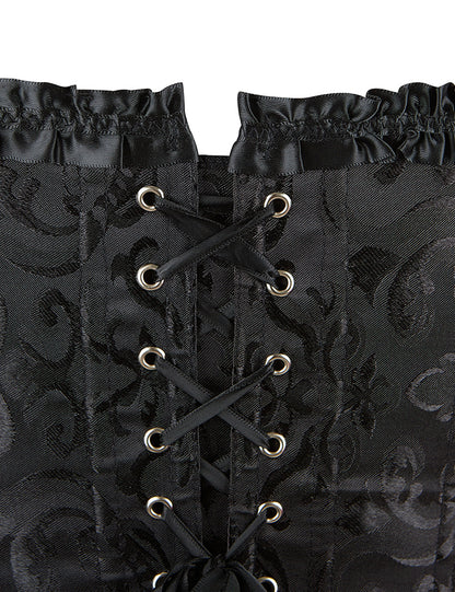 Schwarze Damen-Corsage mit floralem Ornamentmuster, Rückenschnürung durch Ösen und Band sowie geräuscheltem Oberteil.