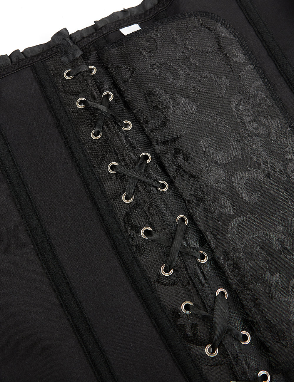Schwarze Damen-Corsage mit floraler Jacquard-Struktur und rückseitiger Schnürung durch Metallösesen für taillenbetonte Silhouette.