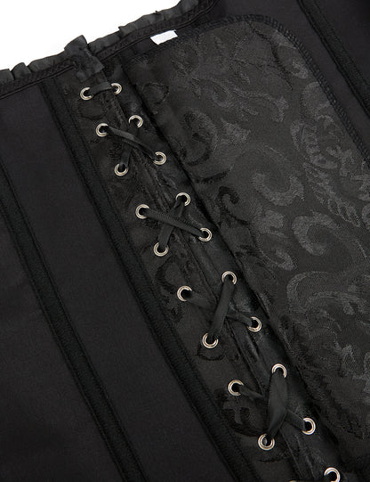 Schwarze Damen-Corsage mit floraler Jacquard-Struktur und rückseitiger Schnürung durch Metallösesen für taillenbetonte Silhouette.
