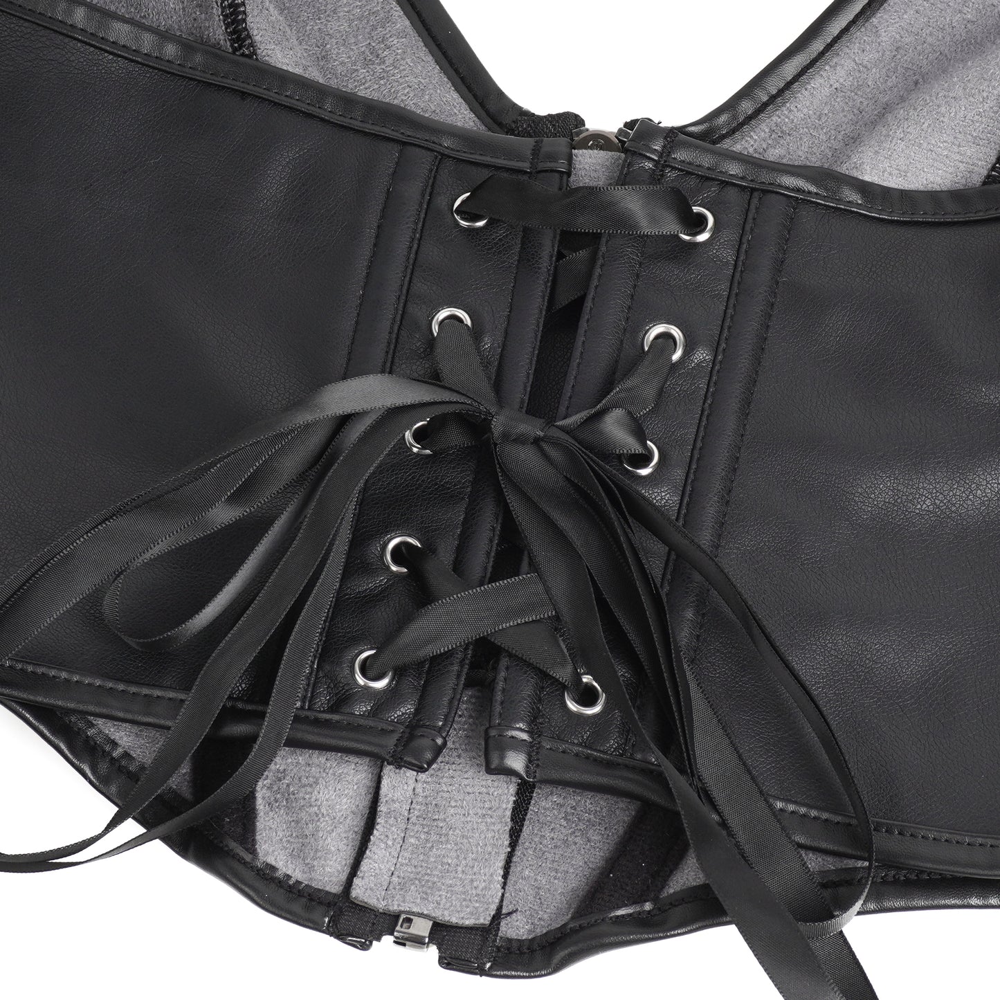 Schwarze Neckholder Corsage in Lederoptik mit Frontreißverschluss und schickem Schllenverschluss-Detail.