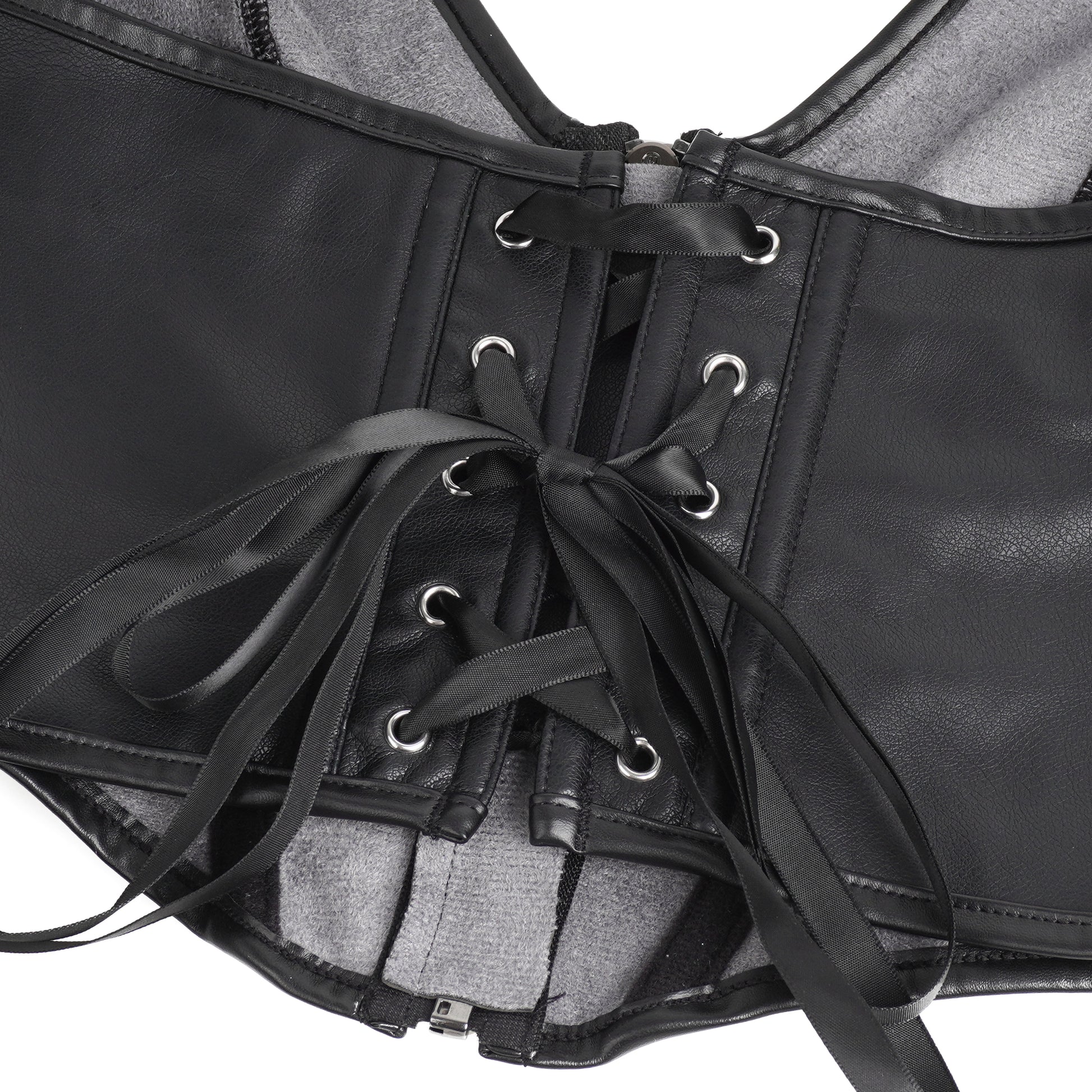 Schwarze Neckholder Corsage in Lederoptik mit Frontreißverschluss und schickem Schllenverschluss-Detail.