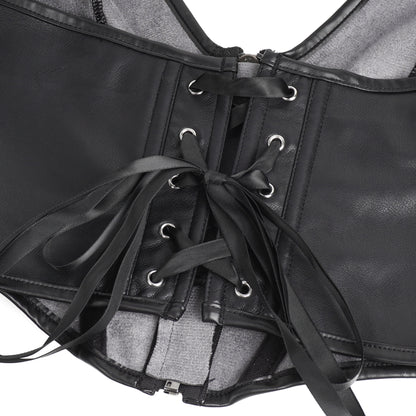 Schwarze Neckholder Corsage in Lederoptik mit Frontreißverschluss und schickem Schllenverschluss-Detail.