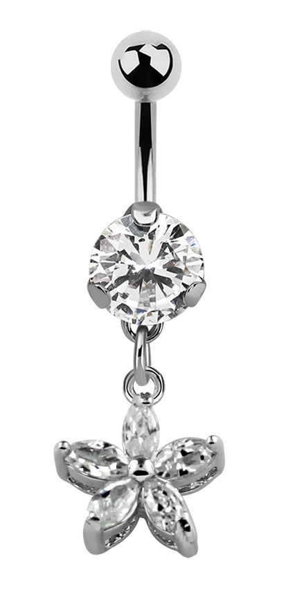 Blumen Stern Bauchnabelpiercing Zirkonia Silber Kristalle Stab 1,6x10mm Stein Ø 8mm