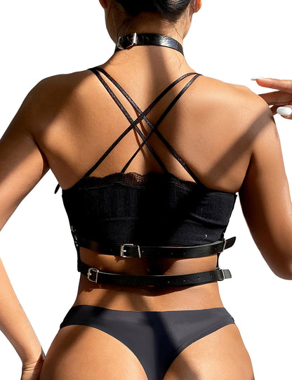 Damen Brust Harness Schwarz mit verstellbaren Riemen, Kreuzriemen am Rücken und Metallringen