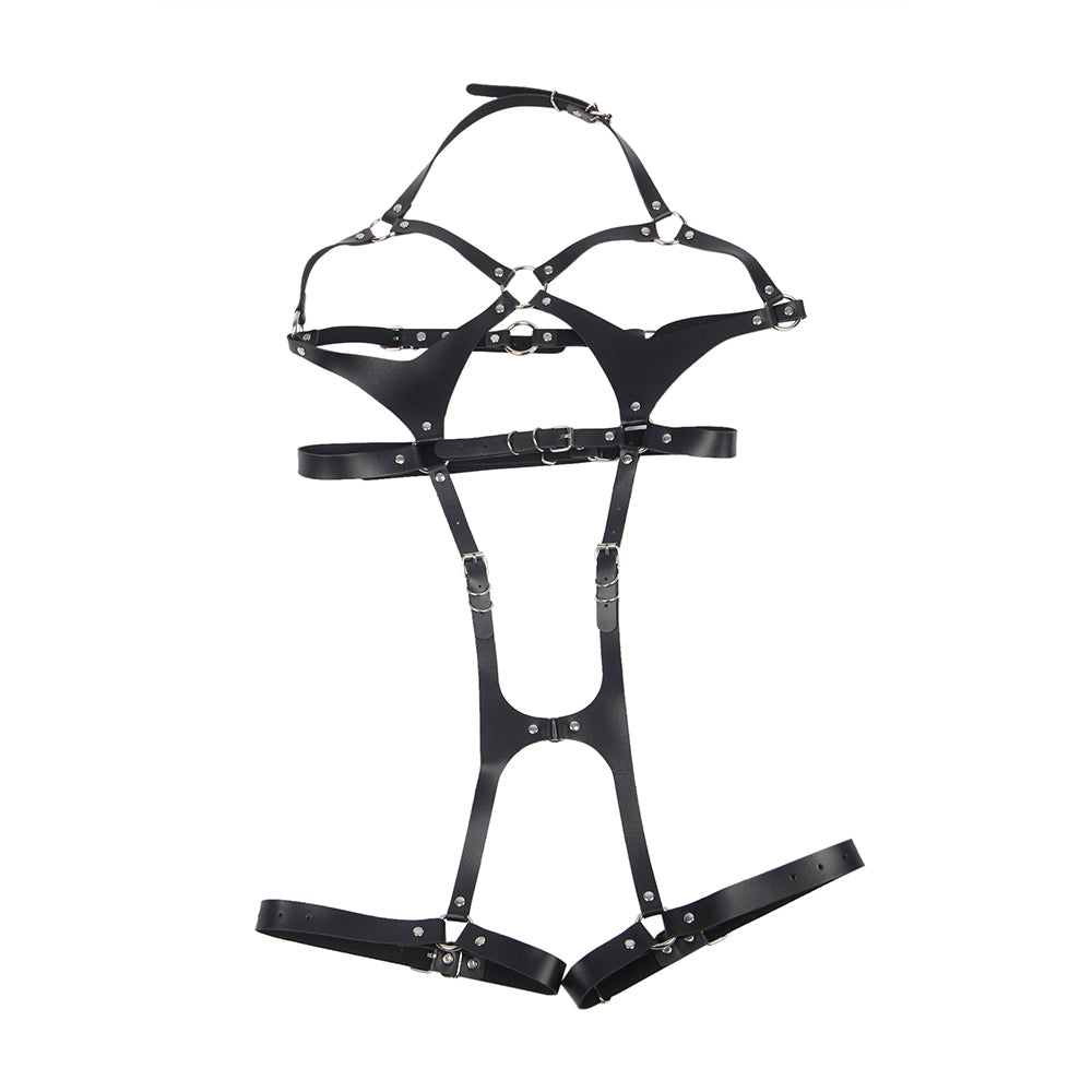 Damen Full-Body-Harness Schwarz: verstellbar mit Brust-, Taillengürtel- und Beinschlaufen – modischer Look.