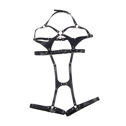 Damen Full-Body-Harness Schwarz: verstellbar mit Brust-, Taillengürtel- und Beinschlaufen – modischer Look.