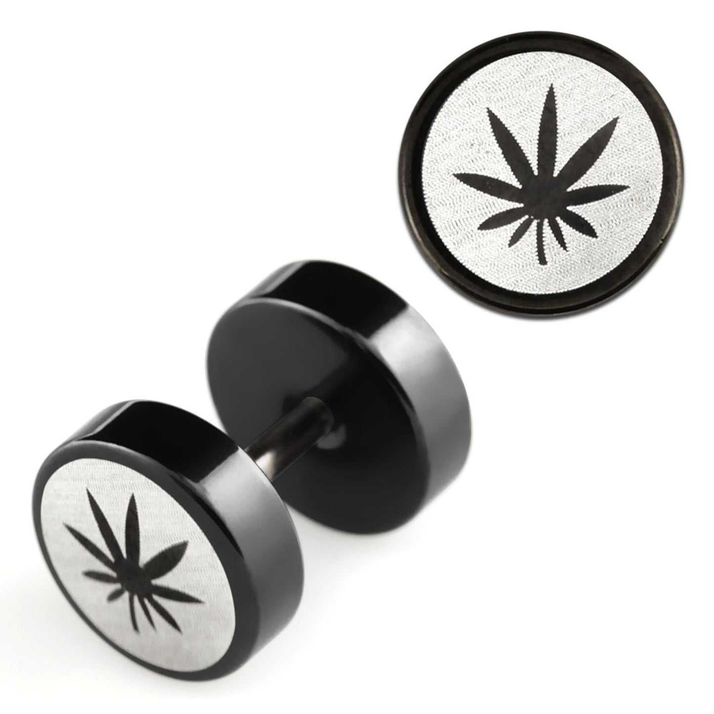 2 Stück Fake Plug Hanf Logo Ohrstecker Schwarz Tunnel Ohrring Cap Ø 8mm