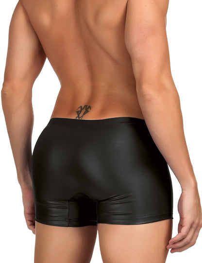 Herren Wetlook Boxer in Lederoptik Schwarz mit Frontreißverschluss, figurbetont.