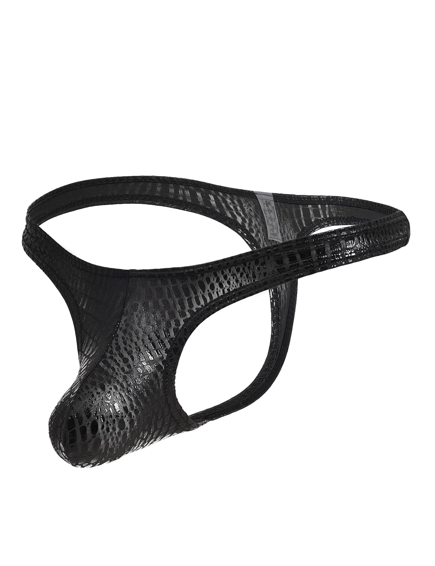 Herren String Tanga Schlangenmuster-Lack-Wetlook, elastischer, körpernaher Schnitt, schwarz, MP231, Größen M/L/XL