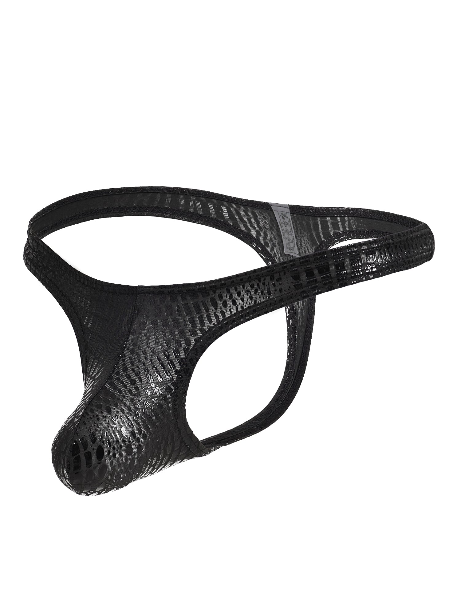 Herren String Tanga Schlangenmuster-Lack-Wetlook, elastischer, körpernaher Schnitt, schwarz, MP231, Größen M/L/XL