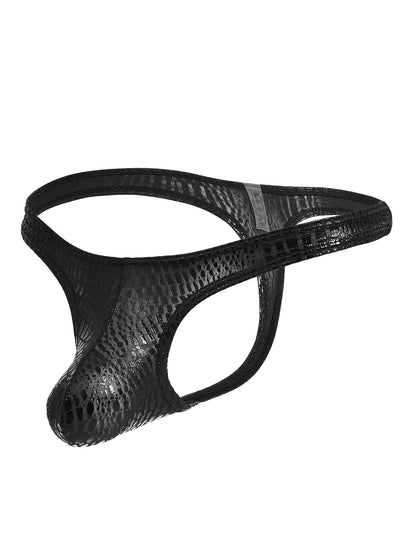 Herren String Tanga Schlangenmuster-Lack-Wetlook, elastischer, körpernaher Schnitt, schwarz, MP231, Größen M/L/XL