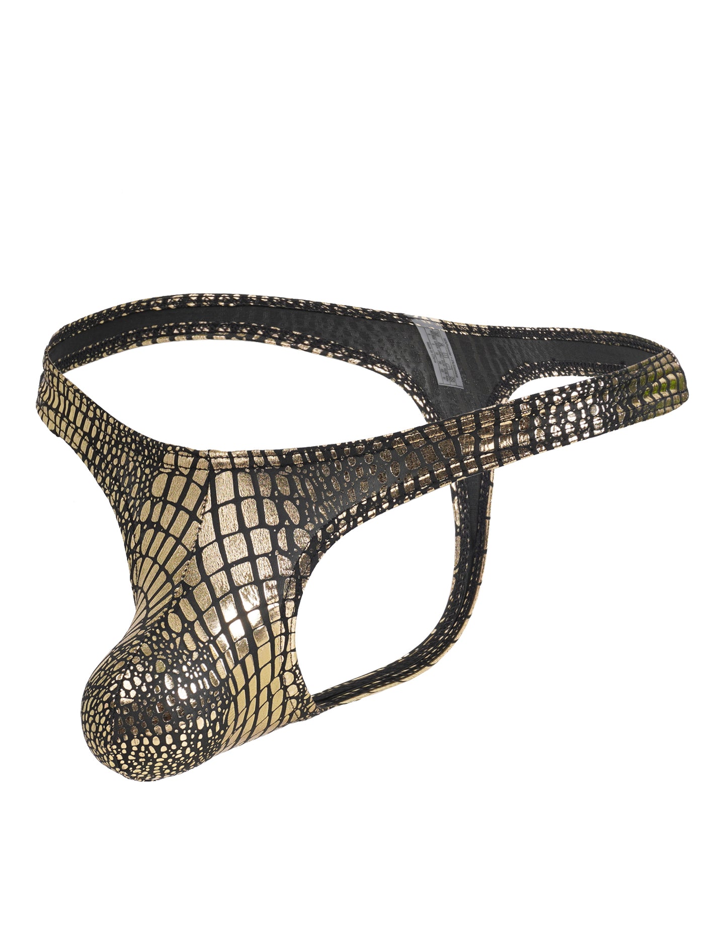 Herren String Tanga mit Schlangenmuster in Gold-Schwarz, Lack/Wetlook, elastischer Bund