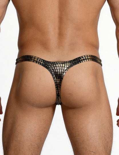 Herren String Tanga im Schlangenmuster, Lack-/Wetlook-Optik, gold-schwarz, Rückenansicht