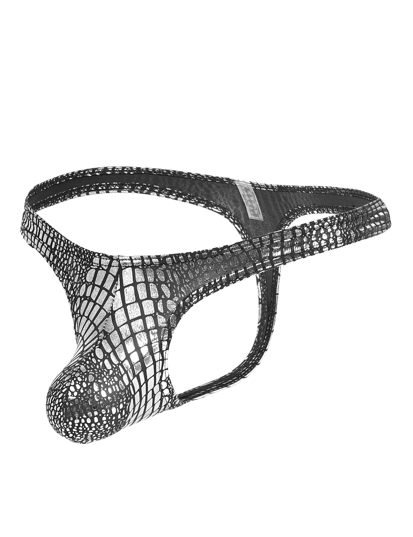Herren String Tanga im Schlangenmuster-Lack-Wetlook, elastischer Sitz, körperbetonter Schnitt