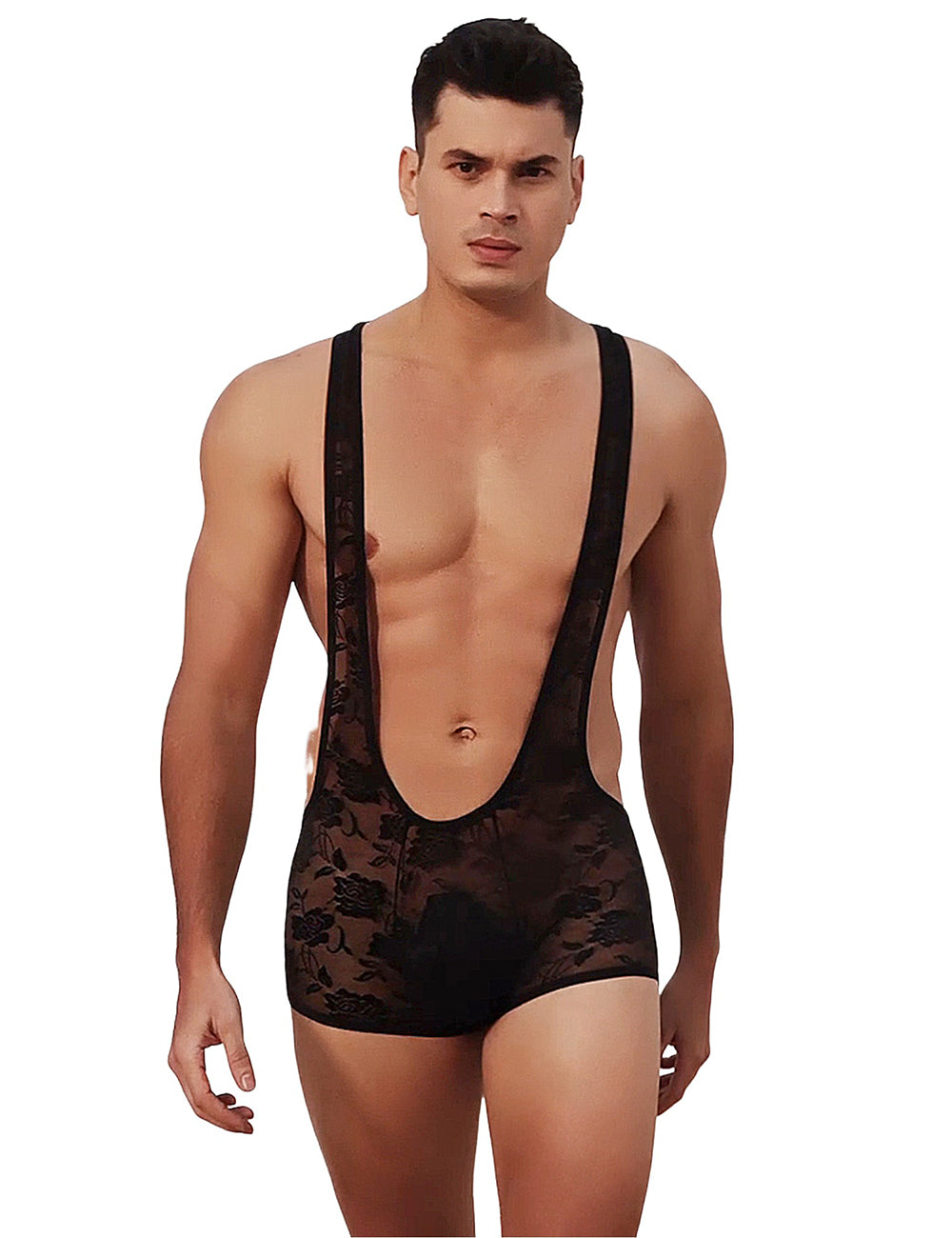 Herren schwarzer Spitzen-Body mit transparentem floralen Muster und tiefem U-Ausschnitt für sinnliche Eleganz.