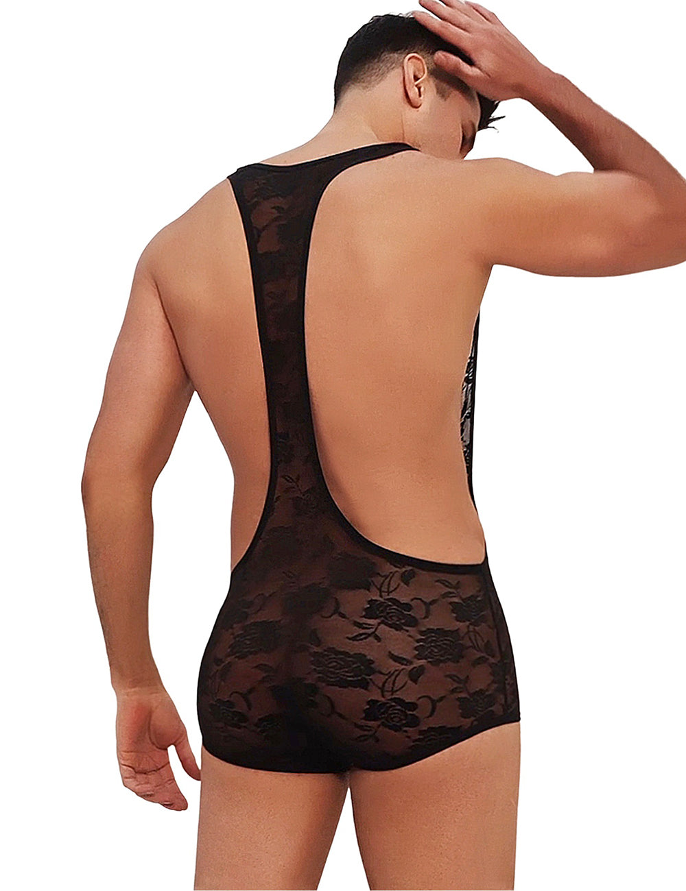 Herren schwarzer Spitzen-Body mit transparenter florales Muster und tiefem, offenem Rückenausschnitt.