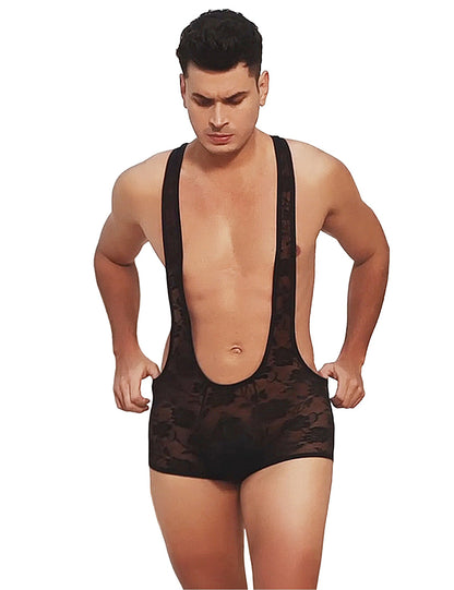 Herren schwarzer Spitzen-Body mit transparentem floralen Muster und tiefem U-Ausschnitt für sinnliche Eleganz.