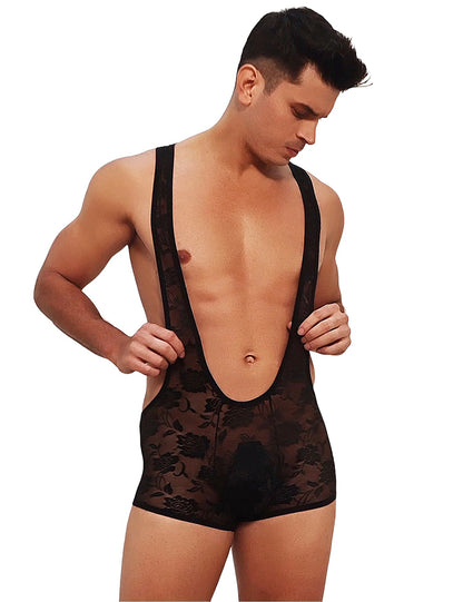 Herren schwarzer Spitzenbody mit transparentem floralen Muster und tiefem U-Ausschnitt. Körpernahe Passform für sinnliche Eleganz.