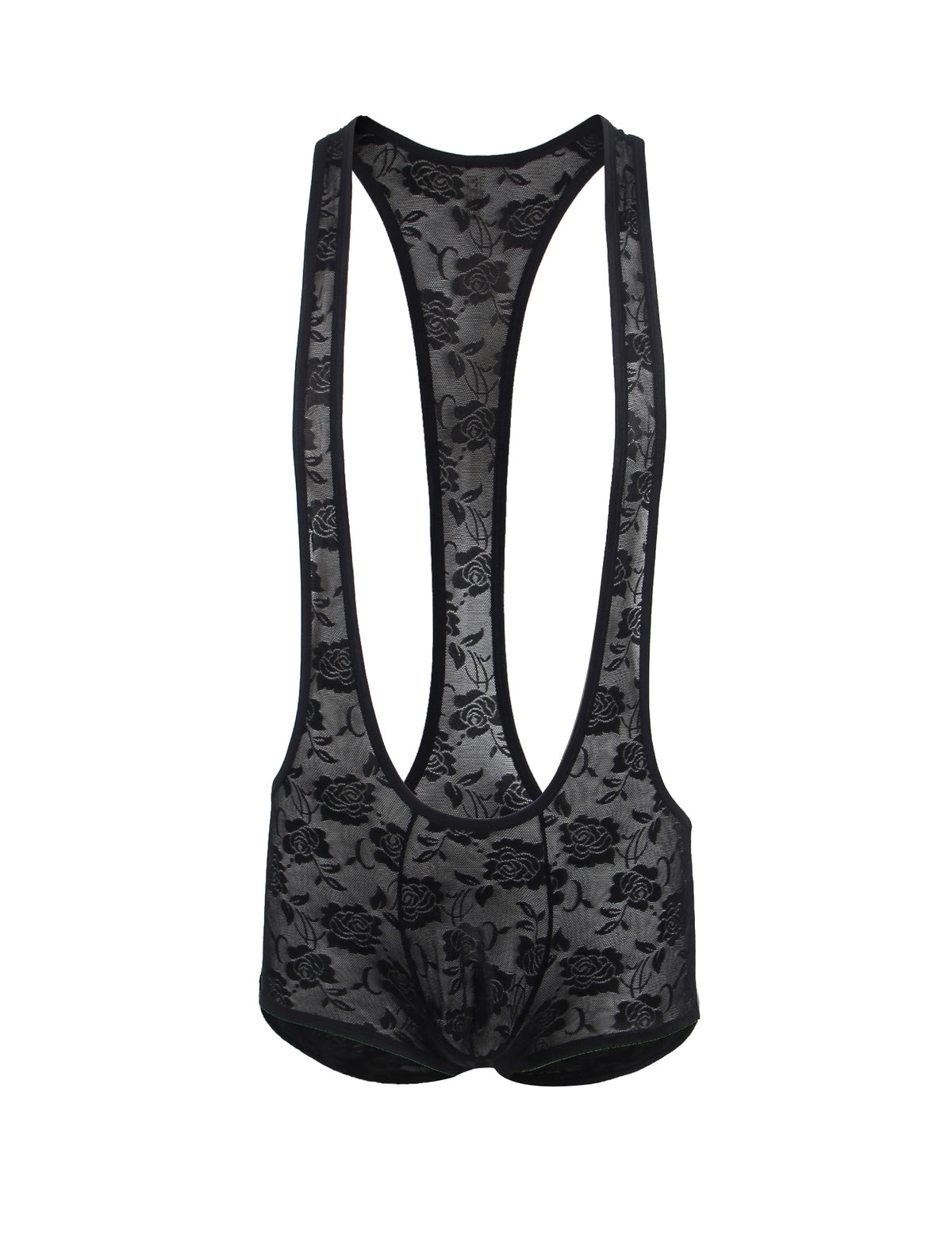 Schwarzer Herren Spitzen-Body mit tiefem U-Ausschnitt und transparentem floralen Muster für sinnliche Eleganz.