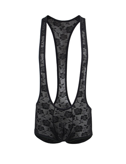 Schwarzer Herren Spitzen-Body mit tiefem U-Ausschnitt und transparentem floralen Muster für sinnliche Eleganz.