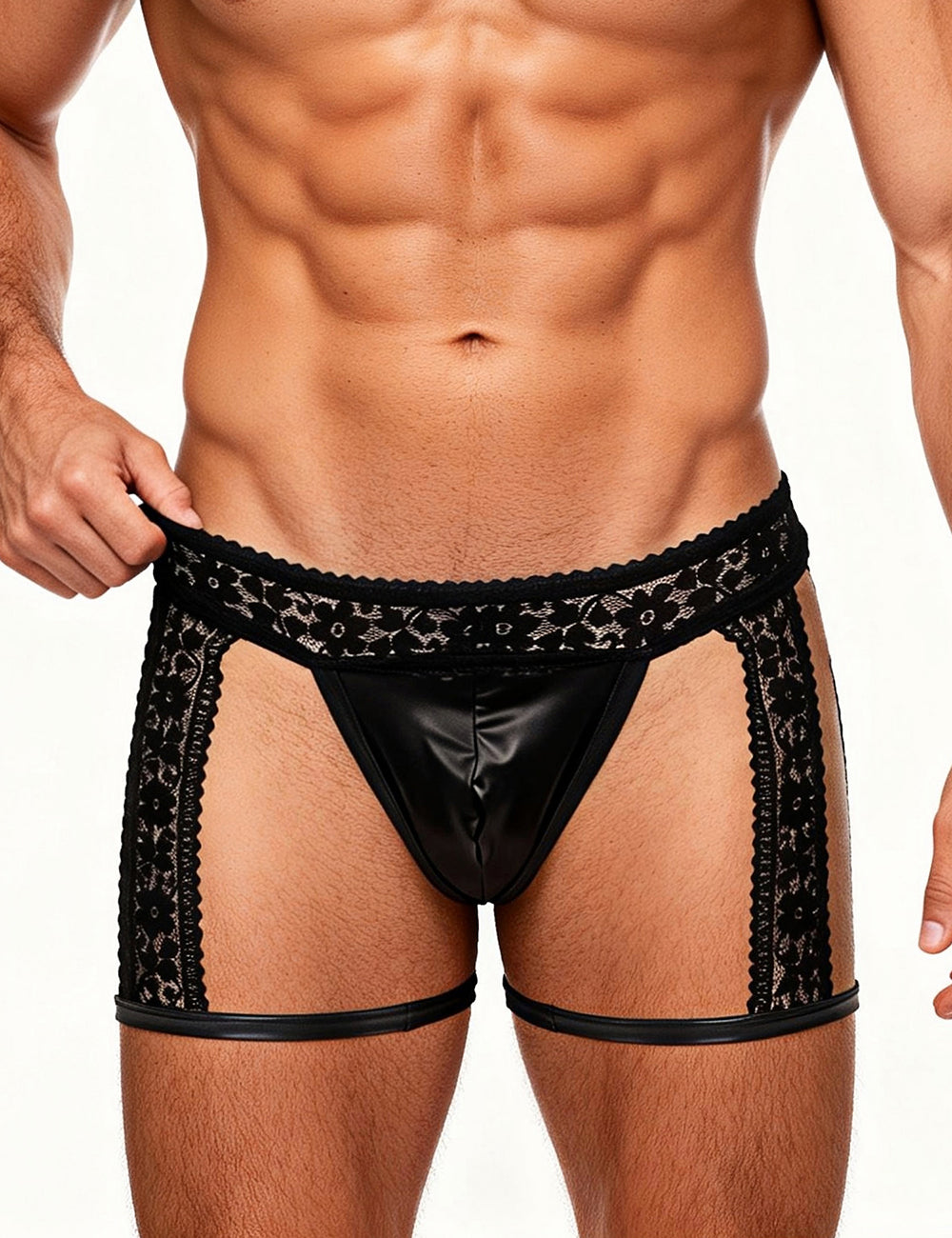 Herren String Schwarz mit Wetlook-Pouch, breitem Spitzenbund und Seitenteilen aus花边蕾丝，现代贴身剪裁。