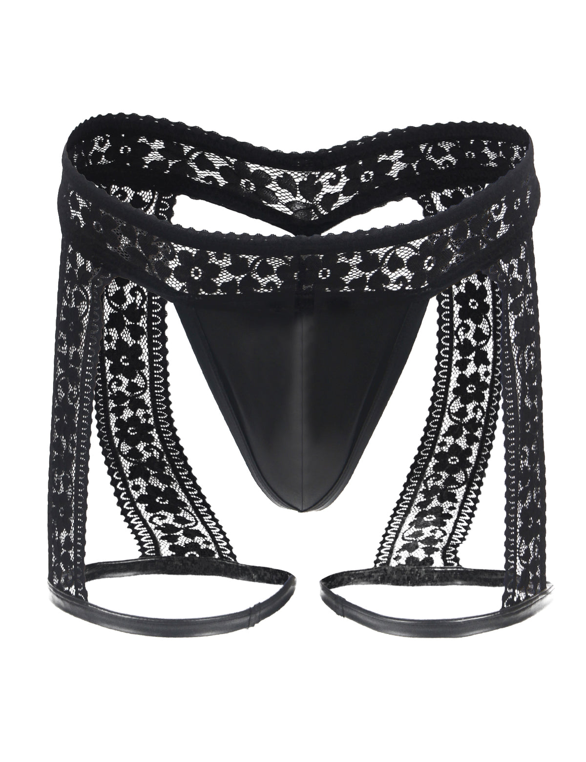 Herren String Schwarz mit Spitzenbund, seitlichen Spitzenbahnen und glänzendem Wetlook-Einsatz im V-Bereich.