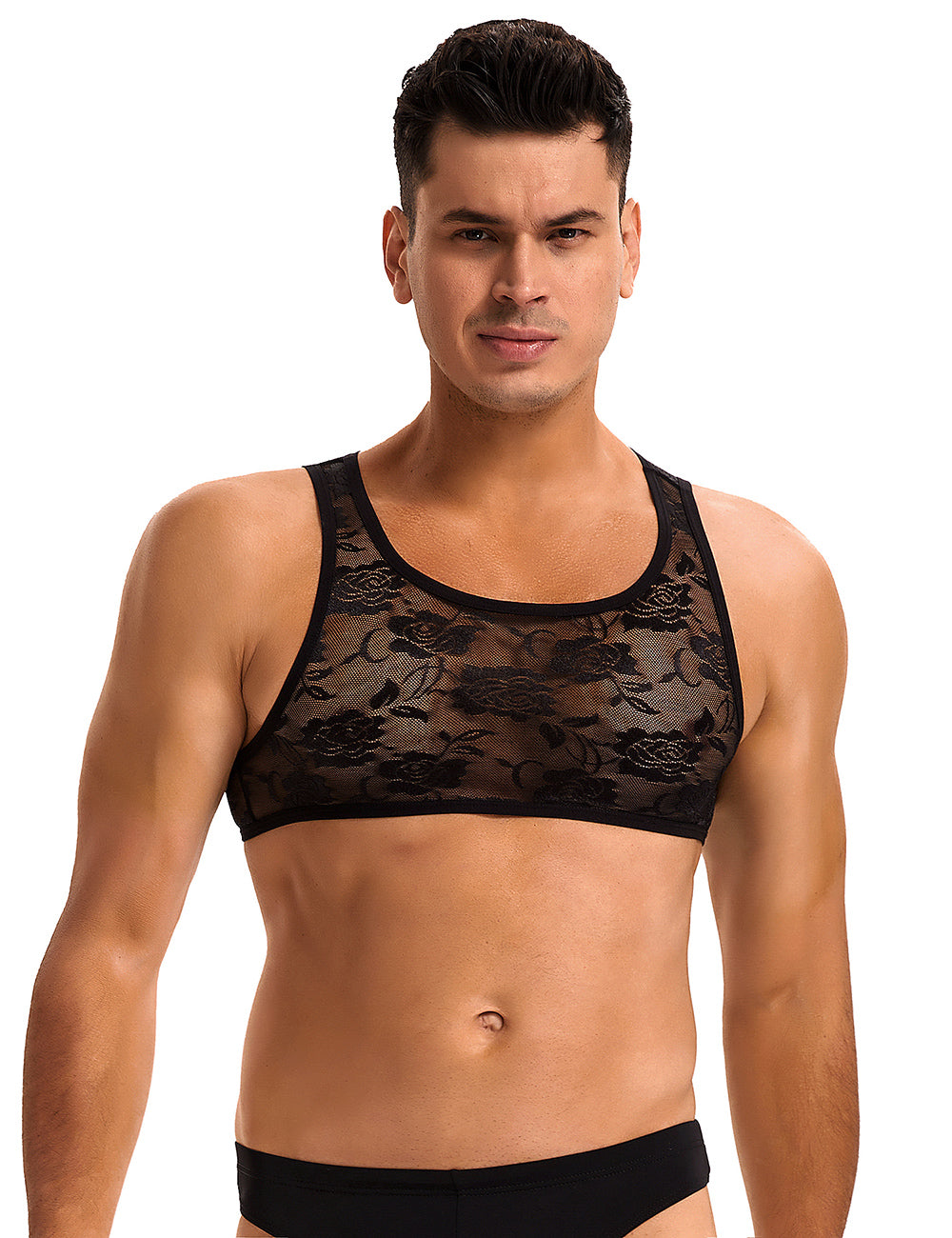 Herren Spitzen Top Schwarz – Ärmelloses Lingerie Crop Top - MP277
