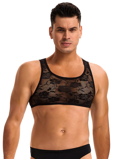 Herren Spitzen Top Schwarz – Ärmelloses Lingerie Crop Top - MP277